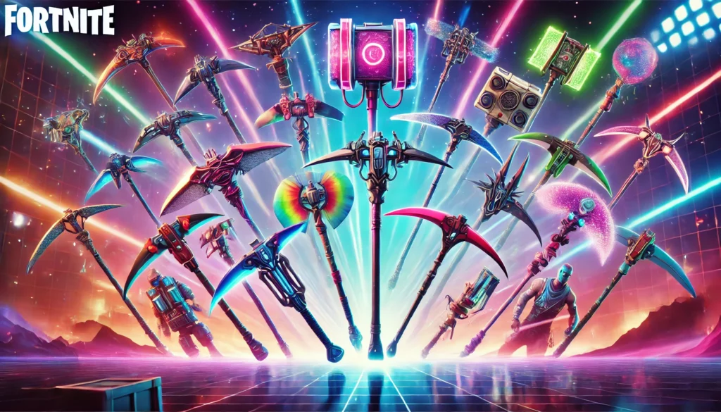 Vibrant display of the 10 rarest Fortnite pickaxes, including FNCS Axe of Champions, Reaper, and Minty Axe, in a neon-lit, futuristic battle scene.