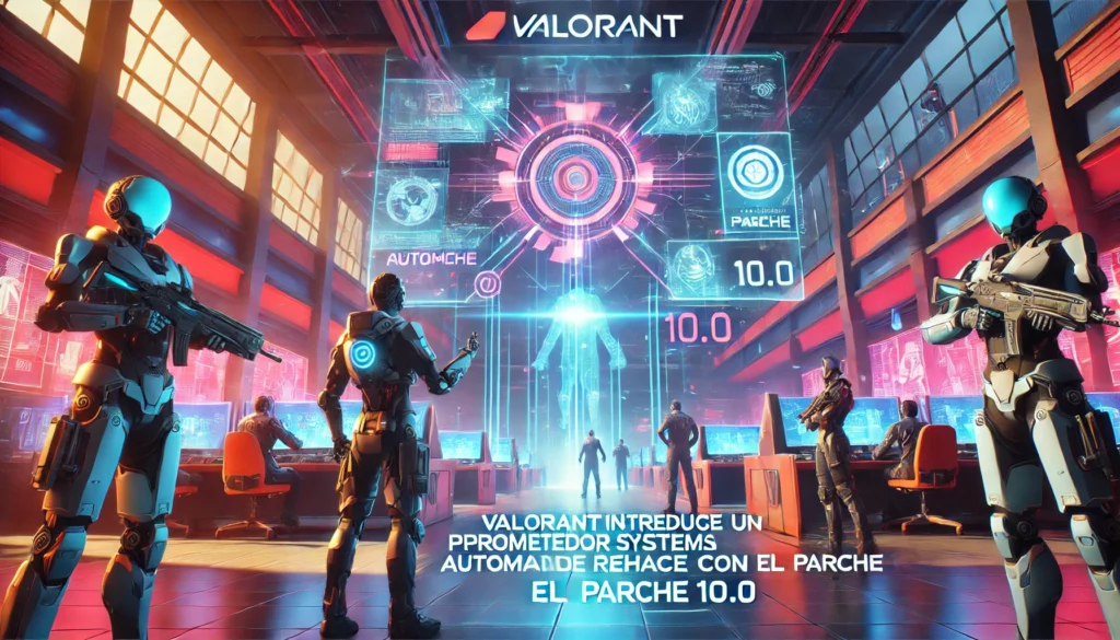 Futuristic VALORANT game lobby with agents and a holographic interface showcasing the new automated remake system from Patch 10.0.