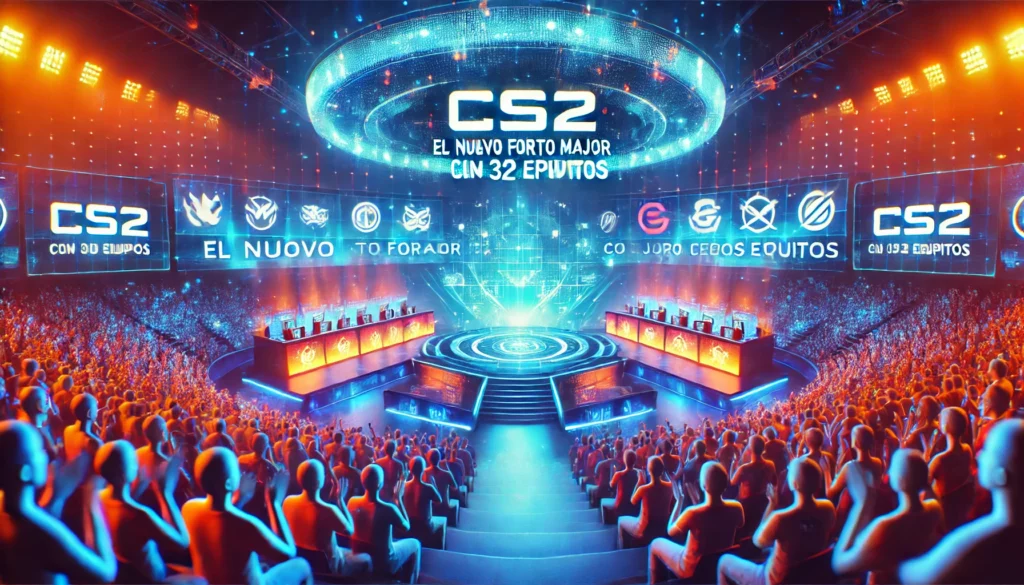 Futuristic CS2 tournament stage with 32 team logos, vibrant holographic displays, and a cheering crowd highlighting the new Major format.