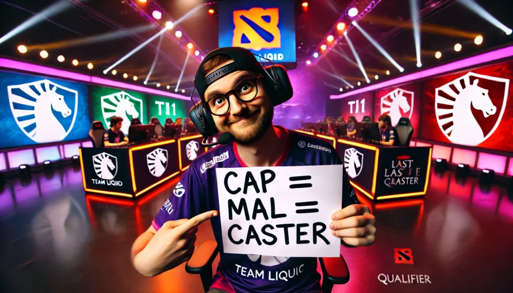 Entrenador de Team Liquid sosteniendo un papel con la frase 'CAP = MAL CASTER' durante el draft de Dota 2 en el LCQ de TI11.