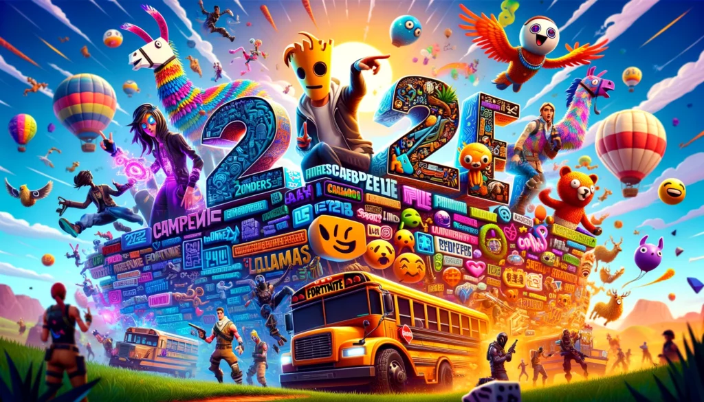 Fortnite 2025: personajes icónicos como Peely y Jonesy con nombres personalizados llenos de emojis y símbolos en un paisaje vibrante con llamas y Battle Bus.