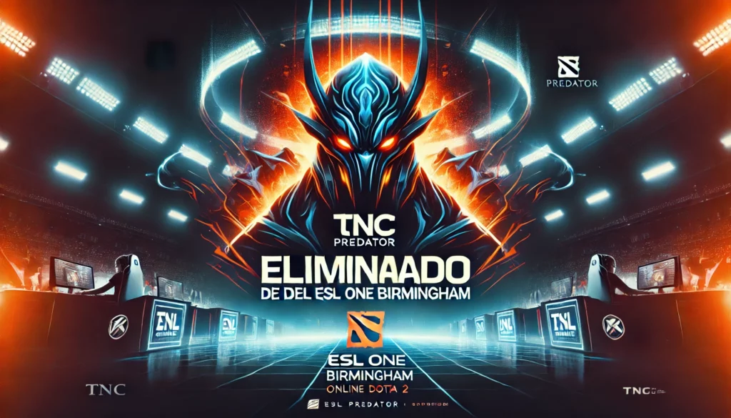 "Imagen de encabezado de TNC Predator eliminado del ESL One Birmingham Online con un diseño de arena virtual y luces intensas.