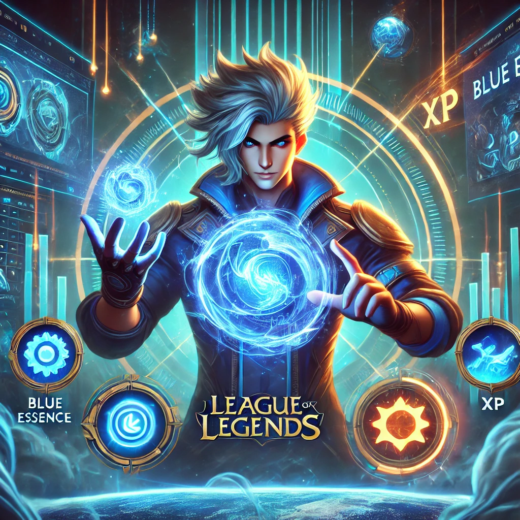 Campeón de League of Legends interactuando con orbes de energía azul, representando la Esencia Azul, en un entorno futurista.