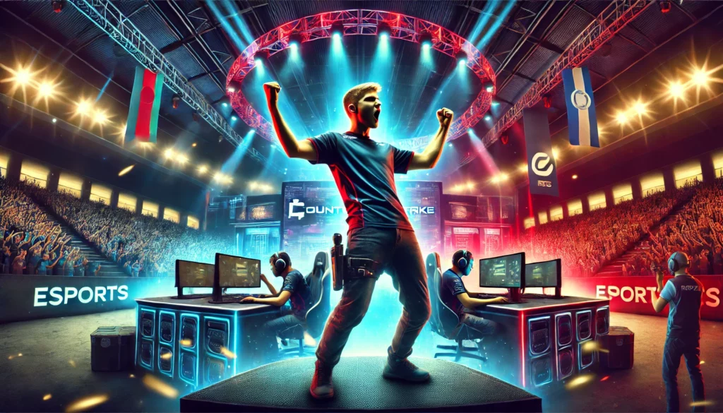 Jugador profesional de Counter-Strike 2 celebrando una victoria en un intenso partido, con una arena de videojuegos llena de fans y luces vibrantes en el fondo.