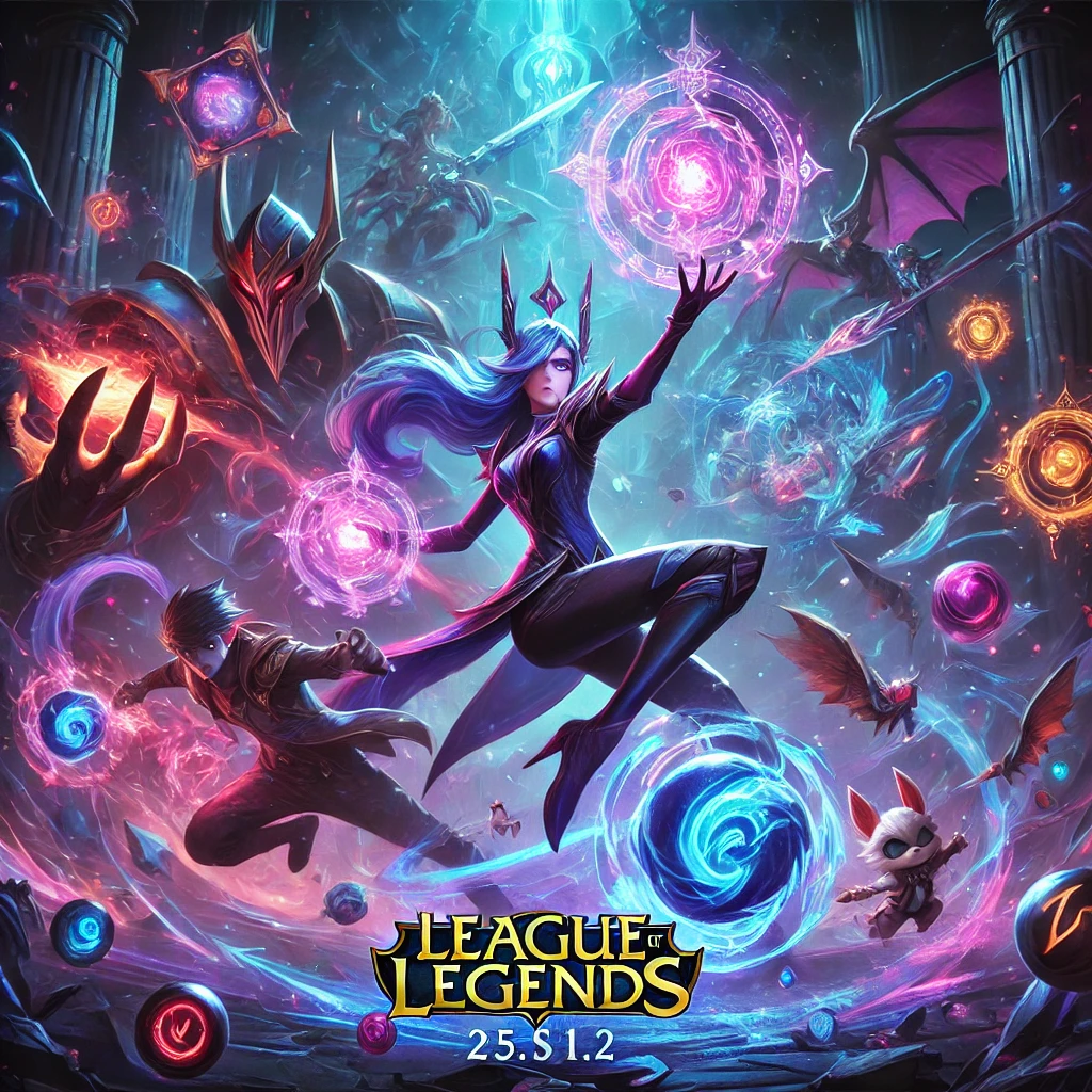 A visually striking image of League of Legends Patch 25.S1.2 showcasing Mel Medarda and Atakhan adjustments, set in Summoner's Rift with vibrant colors and magical effects.