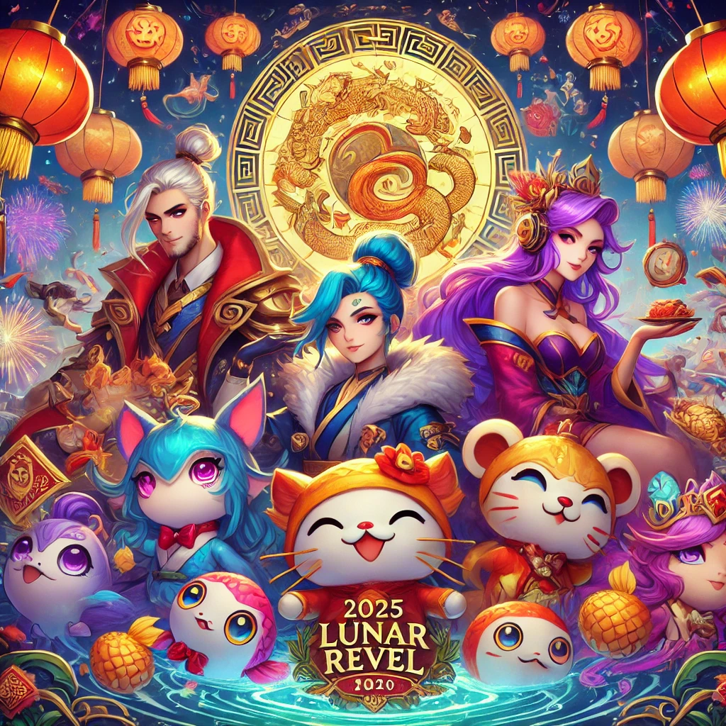 A vibrant illustration showcasing League of Legends' 2025 Lunar Revel event with champions Jarvan IV, Nami, Jhin, Cassiopeia, Amumu, Syndra, and Seraphine in their festive Mythmaker and Dumpling Darlings skins, surrounded by colorful Chinese New Year decorations.