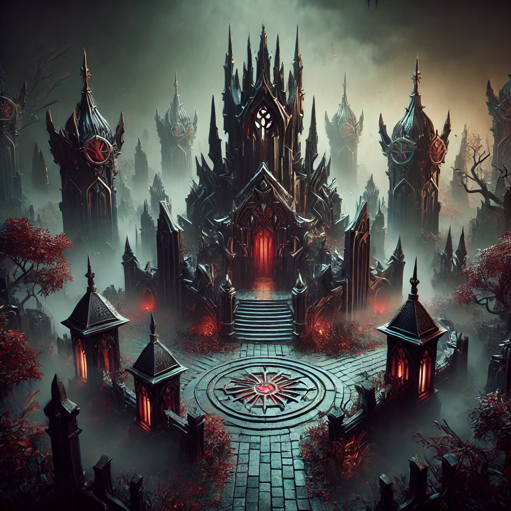 A dark and gothic representation of the Noxus-themed Summoner's Rift from League of Legends, featuring shadowy turrets, medieval fortress-like structures, and a somber autumn-colored environment.