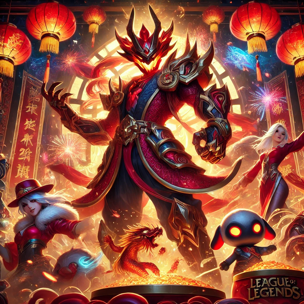 Una escena colorida y dinámica que celebra el evento Lunar Revel 2025 de League of Legends, con una estética festiva china, tonos rojos y dorados, fuegos artificiales y faroles.