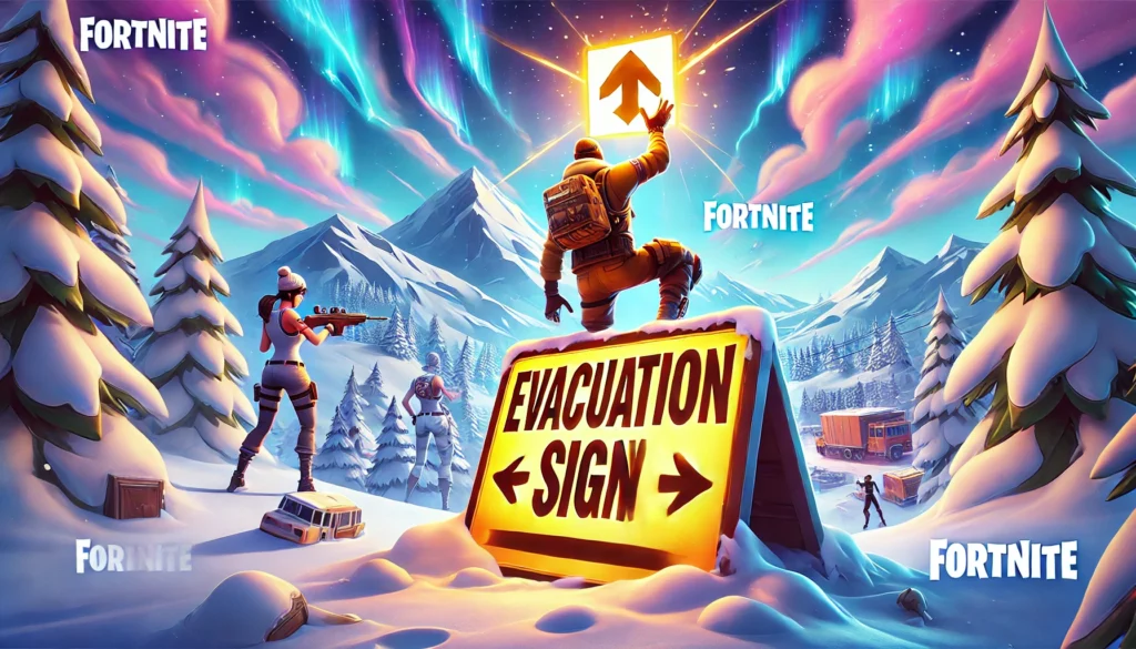 Jugadores de Fortnite colocando un cartel de evacuación brillante en un paisaje nevado con acción y dinamismo.