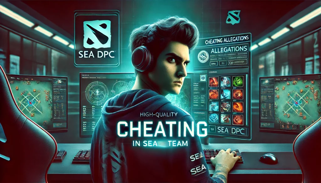 Jugador de Dota 2 sospechando de trampas en el SEA DPC mientras observa una pantalla con interfaz sospechosa.