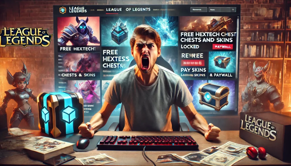 Jugador frustrado en PC viendo la tienda de LoL con cofres y skins bloqueados tras un paywall.