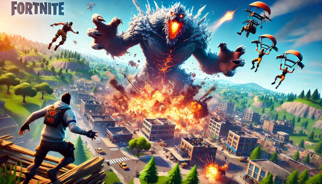 Monstruo gigante causando destrucción en Fortnite mientras los jugadores reaccionan.