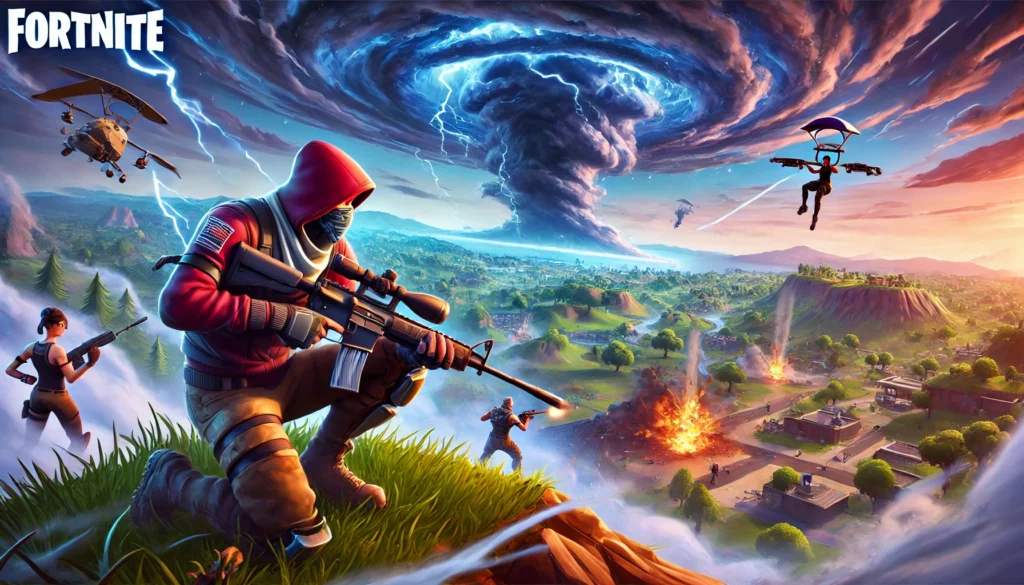 Jugador de Fortnite escondiéndose estratégicamente mientras evita el combate en una partida con la tormenta cerrándose en el fondo.