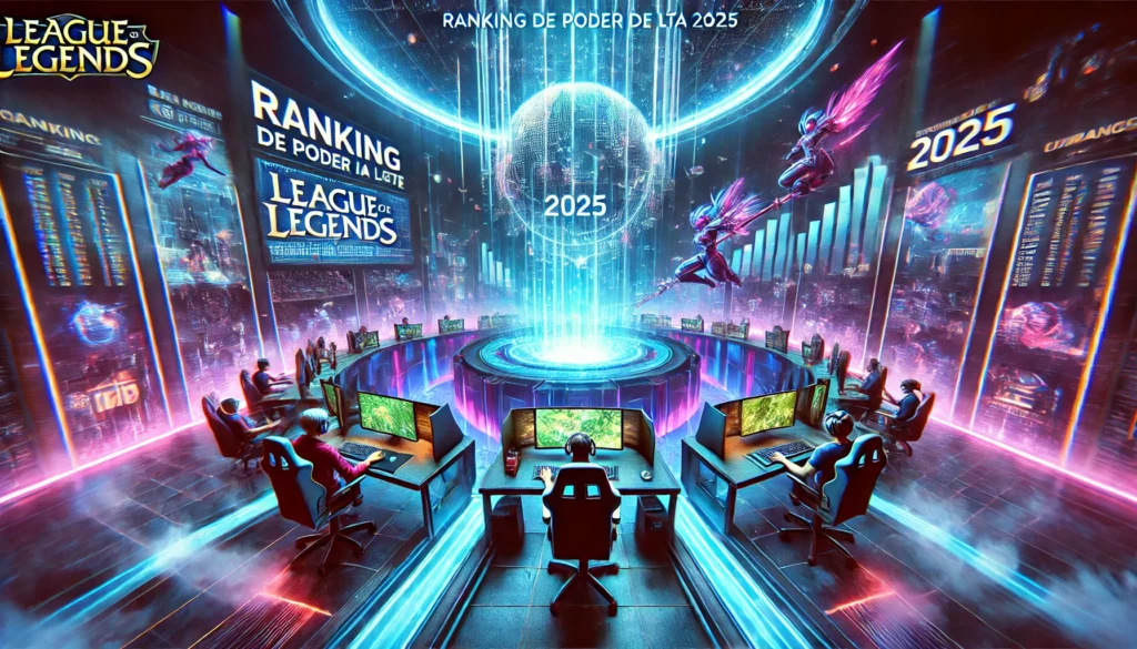 Imagen de cabecera para el artículo "Ranking de poder de LTA 2025" mostrando una escena de esports con un ambiente futurista, luces neón y jugadores compitiendo en un torneo de alto nivel.