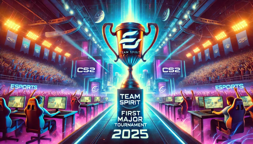 Imagen de cabecera para el artículo "Team Spirit inicia el 2025 con todo y se lleva el primer gran título de CS2 del año". Se muestra un estadio de esports vibrante, con luces neón, la copa de campeón y el logo de Team Spirit destacando en el escenario.