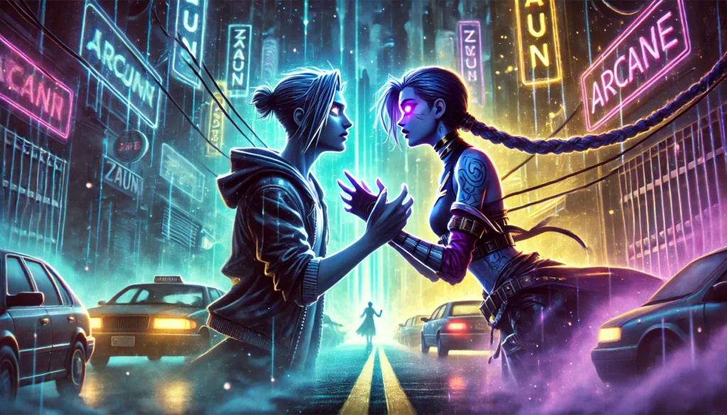 Jinx y Ekko en un enfrentamiento emocional en las calles iluminadas de Zaun, con una estética cyberpunk y un efecto de cómic que resalta su conexión no resuelta.