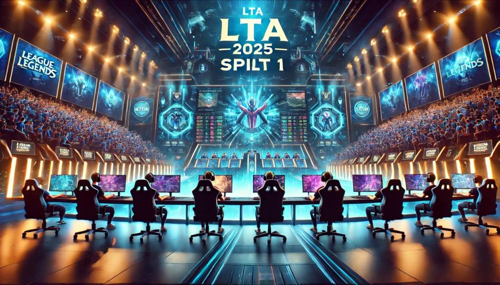 Jugadores compitiendo en el torneo LTA 2025 Split 1 en un escenario futurista de esports con pantallas gigantes.